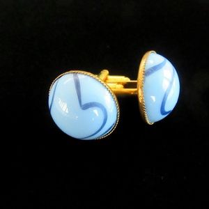Blue swirled domed art glass unisex cufflinks - vintage stones in brass setting